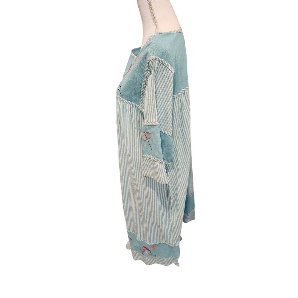 Vintage 80s Blue Flamingo MuuMuu Dress L Cotton Kaftan Patio Summer Cotton - Picture 3 of 9